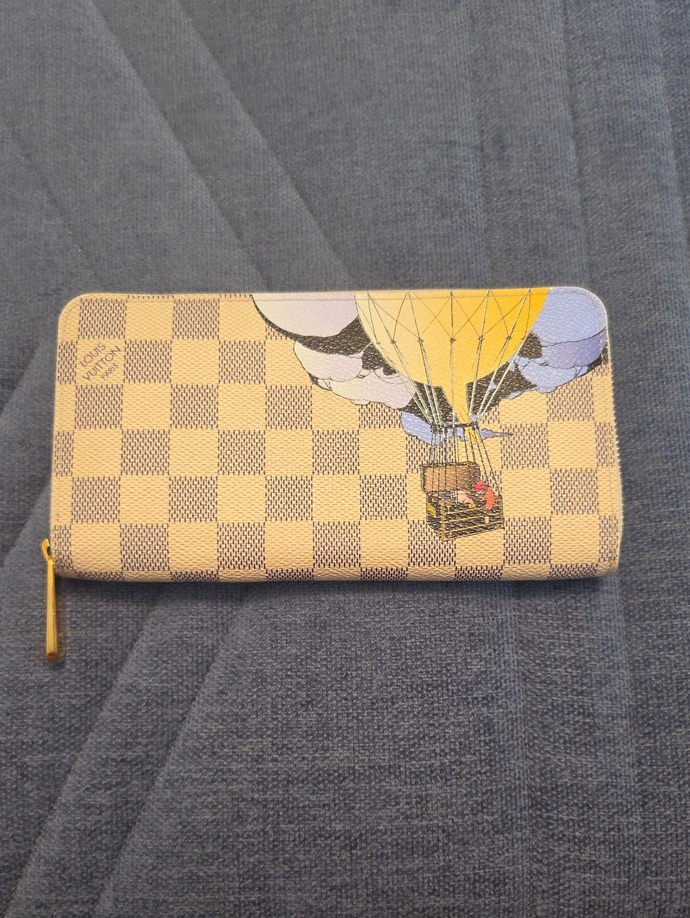 Louis Vuitton Damier Azur Zip Wallet with Yellow Hot Air Balloon Motif With COA